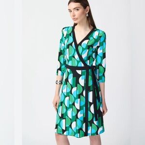 Joseph Ribkoff Geo Print Wrap Dress Stretch Work Classic City Chic Sz 2